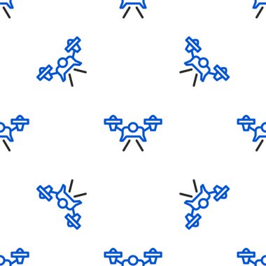 Hat İHA uçan ikonu beyaz arka planda izole edilmiş kusursuz desen. Video ve fotoğraf makinesi sembollü dörtlü helikopter. Renkli taslak konsepti. Vektör.