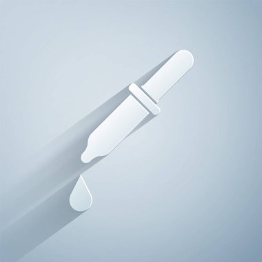 Kağıt kesiği, gri arkaplanda izole edilmiş Pipette simgesi. Tıbbi elementler, kimya laboratuarı ekipmanları. Damlalı boru. Tıp sembolü. Kağıt sanatı tarzı. Vektör.