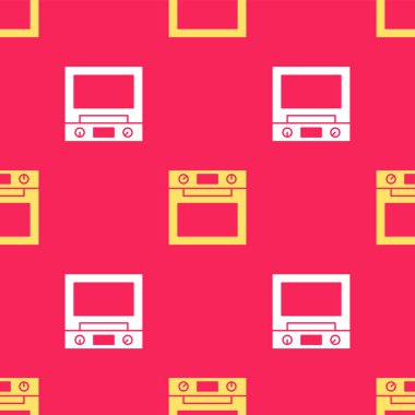 Sarı fırın simgesi kırmızı arkaplanda izole edilmiş. Fırın tabelası. Vektör.