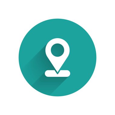 Beyaz Harita iğne simgesi uzun gölgeli. Navigasyon, işaret, konum, harita, GPS, yön, yer, pusula, arama konsepti. Yeşil daire düğmesi. Vektör.