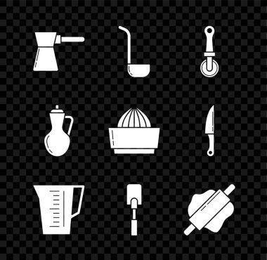 Kahve Kepçesi Kepçesi Pizza Bıçağı Spatula Yuvarlanan İğne Zeytinyağı ve Meyve sıkacağı ikonu. Vektör.