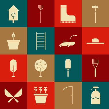 Bahçe spreyini fırçalayıcı şapkası su geçirmez lastik bot, tahta merdiven döşemesi Retro duvar saati ve çim biçme makinesi ikonu yap. Vektör.