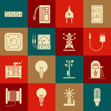 LED ampul elektrik araba şarj istasyonu şarj prizini, Ampere metre multimetre voltmetre uzatma kablosunu ve yüksek voltajlı elektrik direği ikonunu ayarla. Vektör.