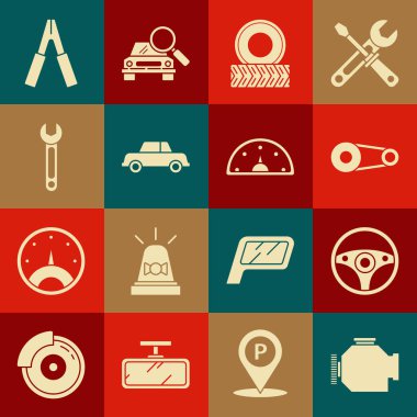 Motoru kontrol et direksiyon zamanlayıcı kemer kiti araba anahtarı akü şarj kablosu ve hız göstergesi simgesini ayarla. Vektör.