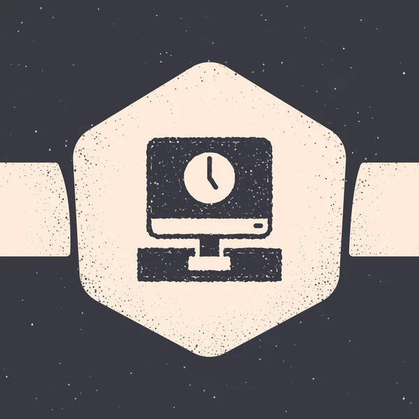 在灰色背景下孤立Grunge计算机监视时间图标 电子设备 前面的景色单色复古绘画 — 图库矢量图片