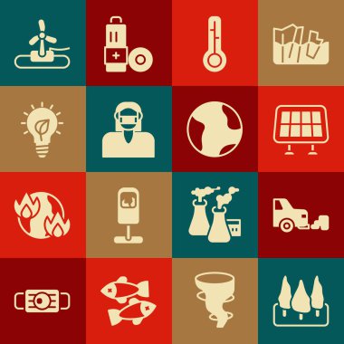 Orman Arabası, Güneş Enerjisi Paneli Meteoroloji Termometre Surat 'ı koruyucu maskeli, rüzgar türbinli ve dünya küresi ikonlu ampulle donatın. Vektör.