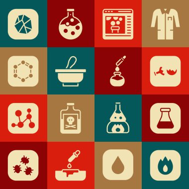 Ateş alevi test tüpü ve şişe Kırık Kimyasal 'ı çevrimiçi benzen halkaları tuz taşı ve ikon havan topu formülüne ayarlayın. Vektör.