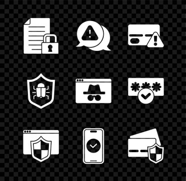 Belge ve kilit ünlem işaretini üçgen kredi kartı tarayıcısında Smartphone sistem hatası ve takma isimle pencere simgesi ile ayarla. Vektör.