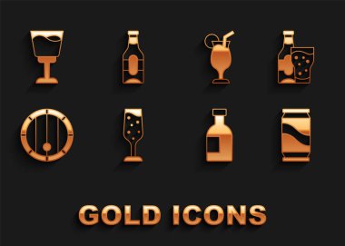 Şampanya şişesi ve cam şişe votka fıçısı Kokteyl şarabı ve ikon hazırla. Vektör.