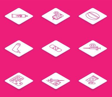 Merhem kremi tüpü serumunu hazırlayın. İlaç hapı ya da tablet sargı bezi. İğne hapları ve ampul ikonuyla tıbbi şırınga. Vektör.