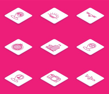 Mısır piramitleri Sunset Drone 'un uçan video kamera küre uçağı Eyfel Kulesi ve Fotoğraf ikonu ile hat haritası işaretleyicisini ayarlayın. Vektör.