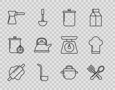 Hattı Rolling pin çapraz çatal ve kaşık kaşık Mutfak Kap Kepçesi Turk Kettle saplı ve Şef şapkası ikonlu. Vektör.