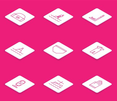 Titrek yüzen şamandıra için çizgi kutusu ya da kutu konteynırı deniz şamandırası Şnorkel Yüzme şortu dalgıç kıyafeti dalış ölçeği ölçeği ve balıkçı teknesi su ikonu. Vektör.