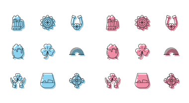 Dört yapraklı yonca bardağı, tahta bardak, Kelt haçı, dört gökkuşağı cadı kazanı ve ikonlu şişe kapağı. Vektör.