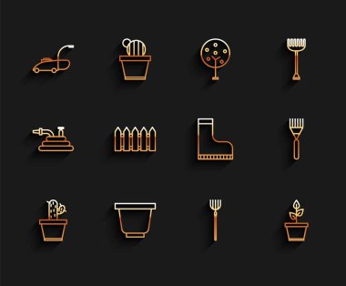 Kaktüs ve sulu çim biçme makinesi çim çatalı, çit çiti tırmığı ve su geçirmez lastik bot ikonu. Vektör.