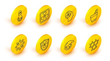 Kimyasal Formül Test Tüpü ve Kimyasal Radyoaktif Kalkan Bakteri Havan topuğu İnsan kafa radyasyonu ve ikonu. Vektör.