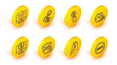 Satıldı etiketi Shoping çanta ve dolar kalkanı bilgisayar monitörü Clock 24 saat yazı tura zinciri bağlantısı ve simgesi ile. Vektör.