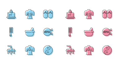 Aroma yağı aromalı duş başlığı masajı. Aroma mumu. Yin Yang Havan topuzu. Vektör.