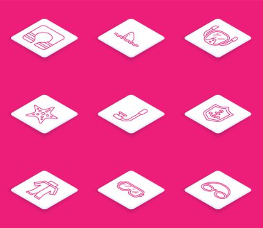 Hat Hayat Ceketi Köpekbalığı yüzgecini okyanus dalgası dalış maskesi Denizyıldızı Şnorkel Anchor 'a kalkan dalış kıyafeti ve ikon içinde ayarla. Vektör.