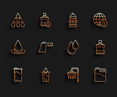 Hat su filtresi mermisi bardağını su damlası ile kurun duş alın büyük şişe temiz musluk ve ikon. Vektör.