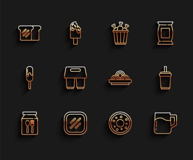 İnternetten biftekli ekmek siparişi ve teslimat kupası kahve fincanı saman ve Asya erişte kasesi ikonuyla birlikte kağıt bardağa gidecek. Vektör.