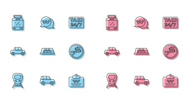 Hat yüksek hızlı tren tramvayı ve tren yolu taksi ehliyeti çatısı sigara içilmiyor ve telefon servisi ikonunu arayın. Vektör.