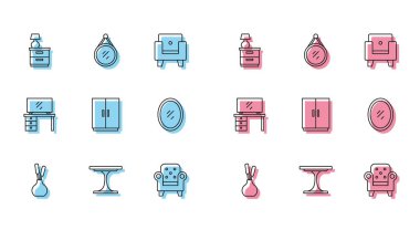 Sıralı vazo yuvarlak masa mobilya sehpası, lamba koltuğu gardırop aynalı televizyon ve ikon. Vektör.