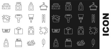 İpi, sabun köpüğü sabun köpüğü, elbise iğnesi, temizlik malzemesi, köpük sabun köpüğü ve cam temizleme ikonu olan teneke kutu için ayarla. Vektör.