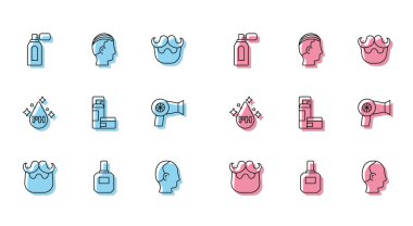 Bıyık ve sakal losyonunu, saç bakımı için jöle tıraş köpüğü saç kurutma makinesi yağı ve saç stili ikonu ile birlikte ayarla. Vektör.