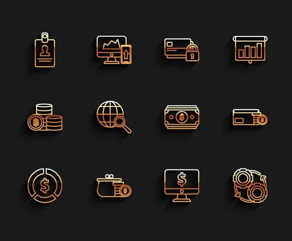 Establecer Línea Dinero Moneda Con Símbolo Dólar Insignia Identificación Monitor — Vector de stock