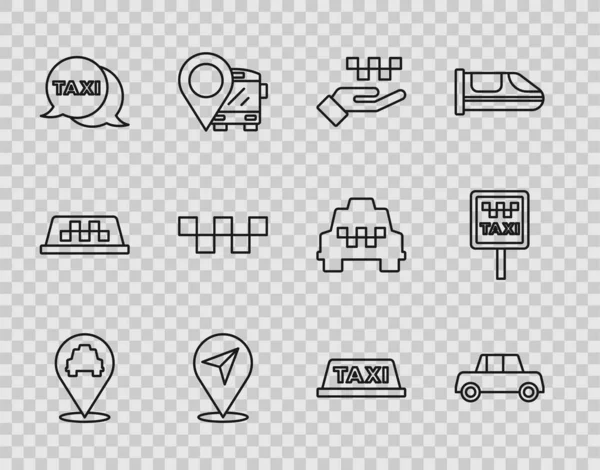 Taksi Otomobili El Taksi durağı, telefon servis arabasının çatısı ve yol tabelasını durak simgesi olarak ayarla. Vektör.