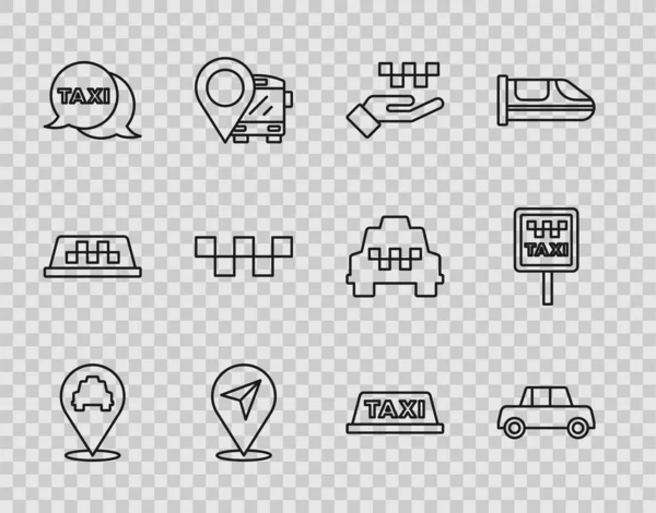 タクシーで場所を設定車のハンドタクシースタンドアイコンの電話サービス車の屋根と道路標識を呼び出します ベクトル — ストックベクタ