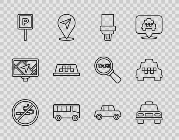 Sigara içilmeyen taksi, emniyet kemeri otobüs parkının çatı katı arabası ve ikonu. Vektör.