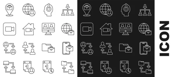 Set Line Cloud Opslag Document Map Freelancer Online Werken Videocamera — Stockvector