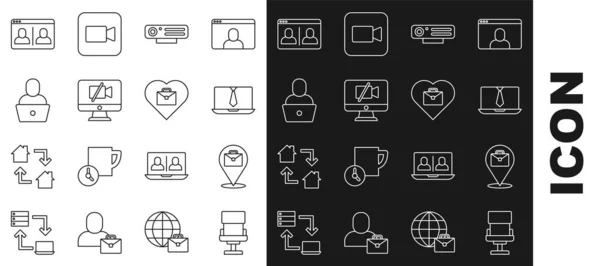 ラインオフィスの椅子を設定オンライン作業ビデオチャット会議Webカメラのコンピュータフリーランスとテキストアイコンとハート ベクトル — ストックベクタ