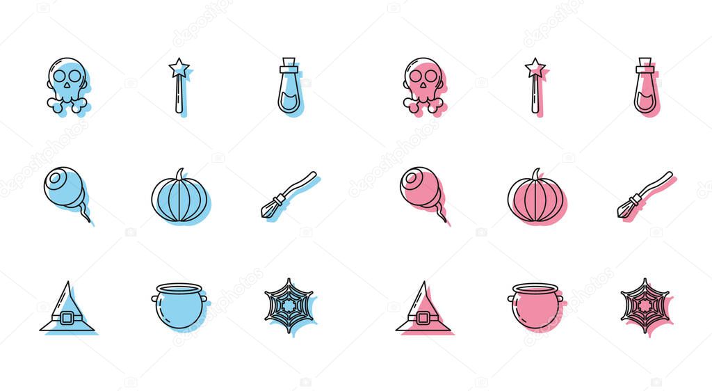 Set line Witch hat Halloween witch cauldron Skull crossbones Spider web Pumpkin Witches broom Eye and Magic wand icon. Vector.