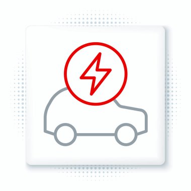 Elektrik hattı arabası ve elektrik kablosu şarj ikonu beyaz arka planda izole edildi. Yenilenebilir ekolojik teknolojiler. Renkli taslak konsepti. Vektör.
