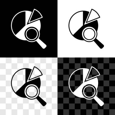 Büyüteç ve veri analiz simgesini siyah beyaz, şeffaf arkaplanda izole et. Arama işareti. Vektör.