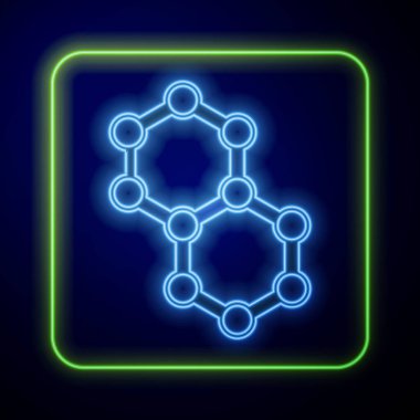 Parlayan neon molekül simgesi mavi arkaplanda izole edildi. Kimya moleküllerinin yapısı, fen öğretmenlerinin yenilikçi eğitim posteri. Vektör.