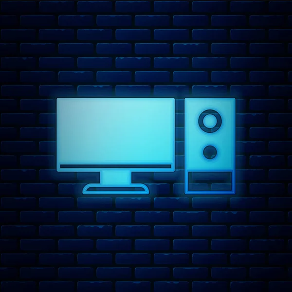 Glowing Neon Computer Monitor Icon Isolated Brick Wall Background Component — Stock Vector