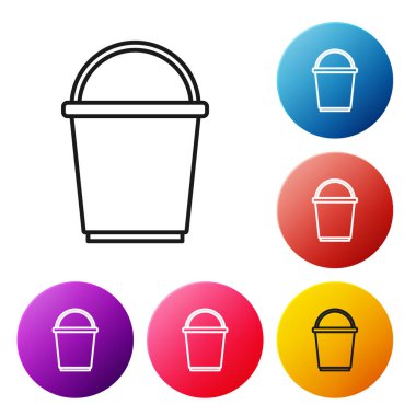 Beyaz arkaplanda siyah çizgi Bucket simgesi izole edildi. Renkli daire düğmelerini ayarlayın. Vektör.