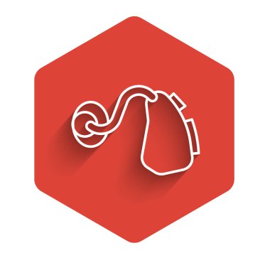 Beyaz çizgi İşitme cihazı simgesi uzun gölgeli. Kulak ve işitme. Kırmızı altıgen düğmesi. Vektör.