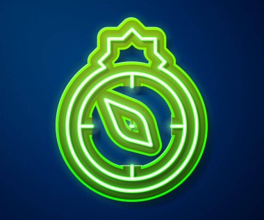 Parlayan neon çizgisi Qibla simgesi mavi arkaplanda izole edildi. Mekke 'deki Kabe' de namaz kılmak için kullanılan İslami Arapça terim. Vektör.