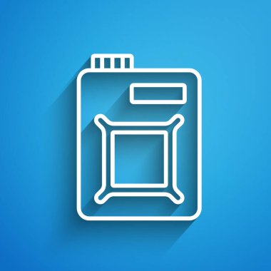 Motor makine yağı ikonu için beyaz çizgi kutusu mavi arkaplanda izole edildi. Benzin bidonu. Yağ değiştirme ve onarım servisi. Motor yağı işareti. Uzun gölge. Vektör.
