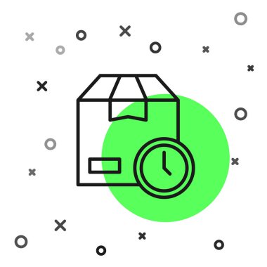 Siyah çizgi karton kutu ve hızlı dağıtım ikonu beyaz arka planda izole edildi. Kutu, paket, paket işareti. Teslimat ve ambalaj. Vektör.