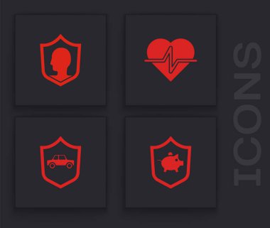 Piggy Bank 'i kalkan, hayat sigortası ve araba ikonu ile donatın. Vektör.