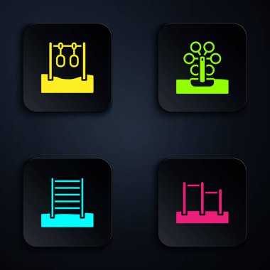 Yatay çubuk, jimnastik halkaları, İsveç duvarı ve dönme dolap. Siyah kare düğme. Vektör.