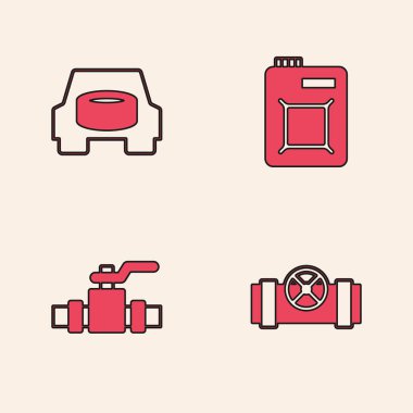 Metalik borular ve valf, yedek tekerlek, motor yağı ve ikon için teneke kutu ayarlayın. Vektör.