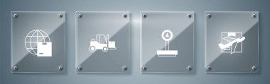 Uçak ve karton kutu ölçekli forklift kamyonu ve dünya çapında nakliye ayarlayın. Kare cam paneller. Vektör.
