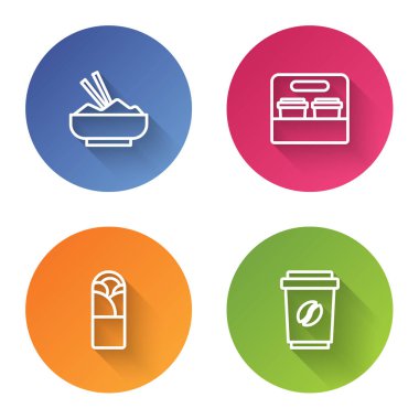 Pirinci yemek çubuğuyla bir kaseye koy, kahve bardağını paket yap, Doner kebap ve... Renkli daire düğmesi. Vektör.
